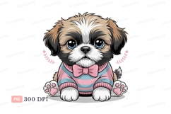 Fluffy puppy wearing striped sweater and bow canine Product Image 1