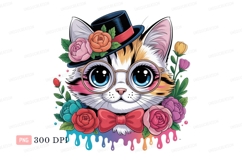 Whimsical feline adorned with flowers and hat roses Product Image 1