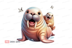 Happy walruses with birds baby ocean Product Image 1