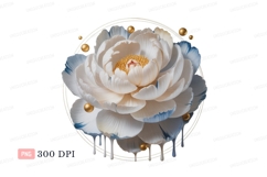 White peony with blue accents and gold beads flower Product Image 1