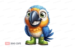 Cheerful blue and orange parrot wearing green boots Product Image 1