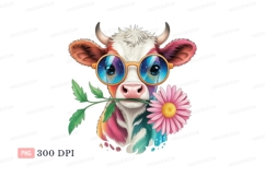 Colorful cow wearing starry glasses holding pink flower Product Image 1