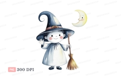Child witch waving with broom and moon image Product Image 1