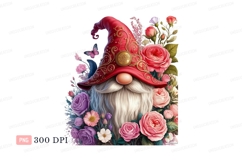 Gnome Red Hat Pink Roses Purple Flowers image Product Image 1