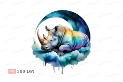 Rainbow rhinoceros resting on clouds moon stars Product Image 1