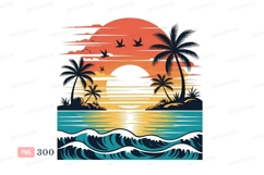 Tropical sunset ocean palm trees birds image Product Image 1