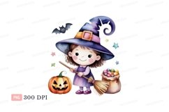 Little witch holding broom with pumpkin candy Product Image 1