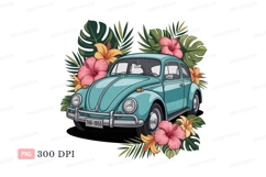 Teal beetle car surrounded by tropical flowers image Product Image 1