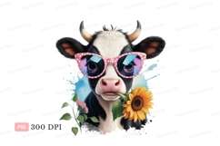 Cow wearing pink polka dot sunglasses holding sunflower Product Image 1