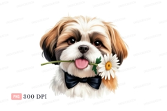 Fluffy dog holding white daisy wearing bowtie puppy Product Image 1