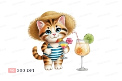 Kitten wearing straw hat and swimsuit holding cocktail Product Image 1