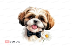 Adorable fluffy dog wearing bowtie with daisy puppy Product Image 1