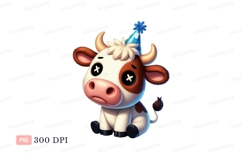 Sad cow wearing party hat blue Product Image 1