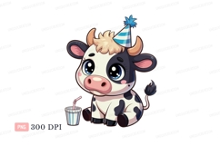 Cute cow wearing party hat drinking calf cartoon Product Image 1