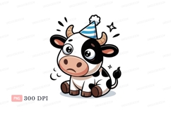 cow, sad, party, hat, blue, white, black, cartoon, animal, c Product Image 1