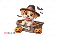 Cute puppy in coffin with pumpkins halloween Product Image 1
