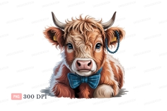 Fluffy Highland Cow Blue Bow brown white Product Image 1