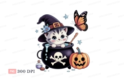 Cute witch cat in cauldron with butterfly and pumpkin Product Image 1