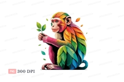 Colorful monkey holding green plant leaves Product Image 1