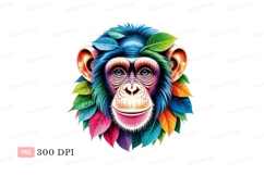 Colorful chimpanzee face surrounded by leaves monkey Product Image 1