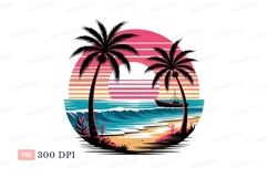 Tropical sunset beach palms boat ocean Product Image 1