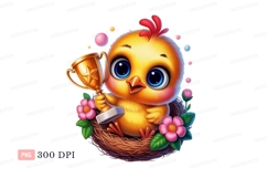 Fluffy chick holding golden trophy yellow blue Product Image 1