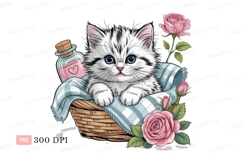 Format: Title: Fluffy kitten in basket with roses pink Product Image 1