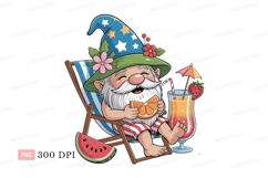 Cheerful gnome enjoying summer refreshments beach chair Product Image 1