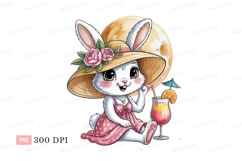 Bunny wearing hat drinking cocktail rabbit flowers Product Image 1