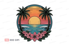 Tropical sunset ocean palms flowers waves trees Product Image 1
