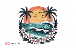 Tropical ocean sunset with palm trees and flowers waves Product Image 1
