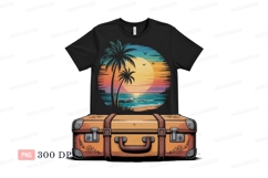 Tropical sunset beach scene on t shirt above vintage suitcas Product Image 1