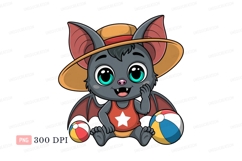 Cute bat wearing beach hat and swimsuit cartoon animal Product Image 1