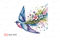 Blue bird flying with colorful flowers pink purple Product Image 1
