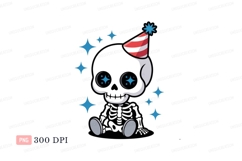 Cute skeleton wearing party hat surrounded by stars Product Image 1