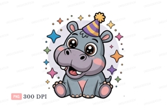 Cute hippopotamus wearing party hat stars celebration Product Image 1