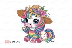 Adorable unicorn wearing a straw hat rainbow flowers Product Image 1