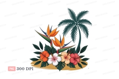 Tropical paradise flowers and palm tree hibiscus bird Product Image 1