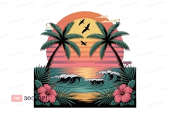 Tropical sunset ocean palm trees hibiscus image Product Image 1