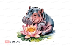 Sleeping hippo with pink lotus flower water Product Image 1