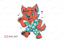 Orange fox wearing floral shirt and shorts blue white Product Image 1