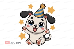 Happy puppy wearing party hat surrounded by stars image Product Image 1