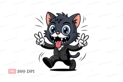 Cartoon cat wearing suit making peace sign black white Product Image 1