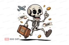 Skeleton traveling with suitcase and airplane coins Product Image 1