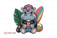 Hippo wearing jacket and cap surfboard beachball Product Image 1