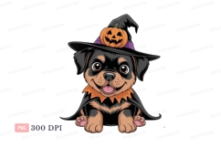Cute puppy wearing witch hat and pumpkin halloween Product Image 1