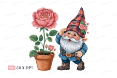 Cheerful gnome with pink rose flower plant Product Image 1