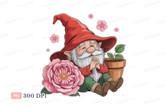 Cheerful gnome with pink rose and plant fantasy garden Product Image 1