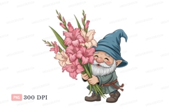 Gnome holding pink gladiolus bouquet flowers Product Image 1
