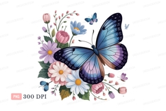 Blue butterfly among colorful flowers purple pink Product Image 1